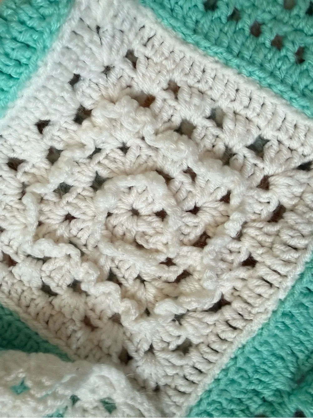 Handmade mint and white crochet granny square afghan blanket Throw 45x64